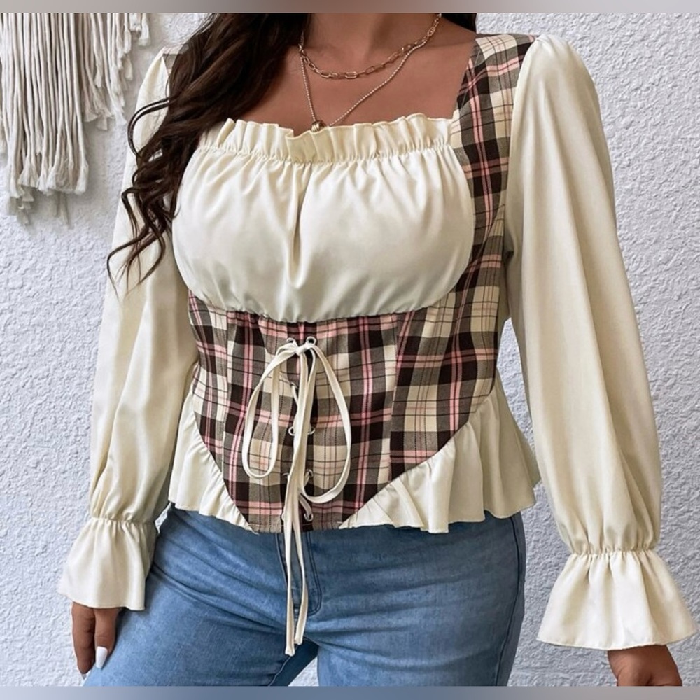 NEW 4 XL Plus Plaid Print Flounce Sleeve Lace Up Front Blouse